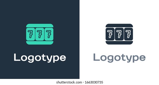 Logotype Slot machine with lucky sevens jackpot icon isolated on white background. Logo design template element. Vector Illustration