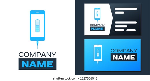 Logotype Smartphone battery charge icon isolated on white background. Phone with a low battery charge and with USB connection. Logo design template element. Vector.