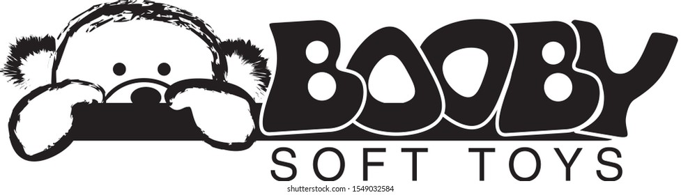 Logotype for the soft toy industry with a soft bear symbol that peeks out over the letters. Black and white: the letters and name are black, the bear is white with the outline of an art brush. Vector.