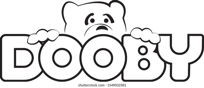 Logotype for the soft toy store or industry with a soft-bear symbol that peeks out from above the letters. Black and white: the letters and symbol are outline black.  2D vector illustration.