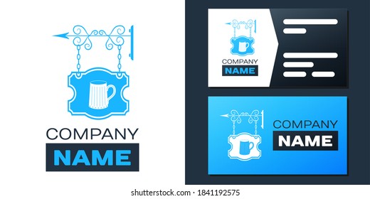 Logotype Street signboard on forged brackets with wooden mug of beer icons isolated on background. Suitable for bar, tavern, cafe, pub, restaurant. Logo design template element. Vector.