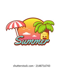 logotype summer with umbrella and coconut tree