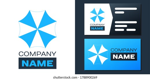 Logotype Sun protective umbrella fo beach icon isolated on white background. Large parasol for outdoor space. Summer vacation or picnic accessory. Logo design template element. Vector.