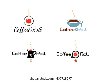 Logotype for sushi bar. Roll. Coffee cup. Vector illustration.