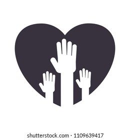 Logotype with the symbol of unity. Human hands are raised, palms open. Work in a team, a public association. Flat vector cartoon illustration. Objects isolated on a white background.