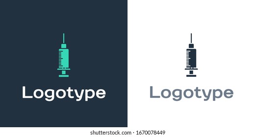 Logotype Syringe icon isolated on white background. Syringe for vaccine, vaccination, injection, flu shot. Medical equipment. Logo design template element. Vector Illustration