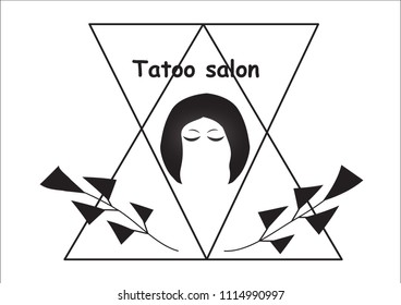 Logotype for tatoo salon with beautiful face of a girl in black and white colours. 