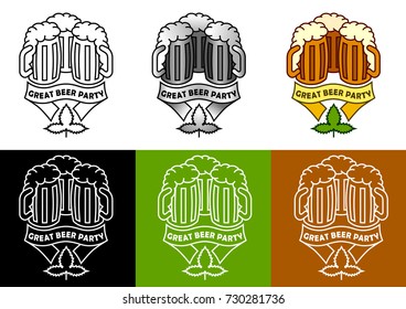 Logotype template for beer party. Elements based on mugs, hops and ribbon associative objects with color variation plate under.
