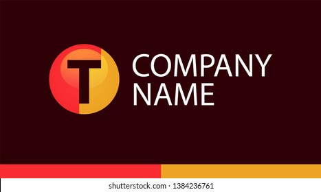 Logotype template with Letter T on dark burgundy background. Vector round glossy Emblem and space for comnany name illustration in red and yellow orange. Nice logo for company whose name starts on T.