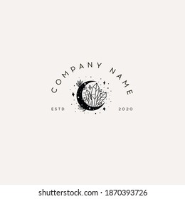 Logotype Template Mystical moon with crystal and stars. Logotype Template for Cosmetics and Beauty,Floral,Spa and Esthetics.Wedding Service,Restaurant,Fashion,Childcare. Stars, constellations, moon