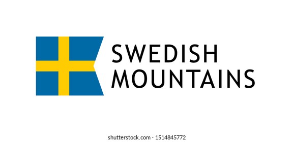 Logotype template for tours to Swedish Mountains, Vector lovable intelligible illustration with national flag of Sweden isolated on white background. Design for the skiing, hiking, climbing.