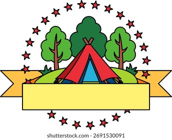 logotype of a tent is in the middle of a forest