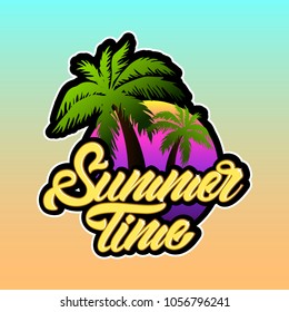 Logotype with text Summer time  in lettering style with palm tree and sunset. Vector illustration design.