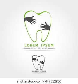 Logotype Tooth Icon in heart with hand hug concept,on white background Vector illustration