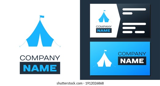 Logotype Tourist tent with flag icon isolated on white background. Logo design template element. Vector.