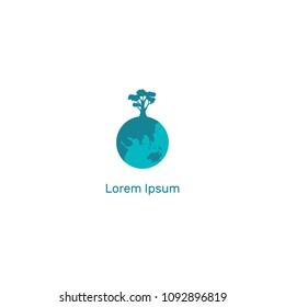 Logotype tree growing on planet earth, concept illustration, flat silhouette, blue, white, day environment, continent Eurasia, asia, australia