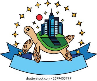 logotipo de uma tartaruga e cidade no topo