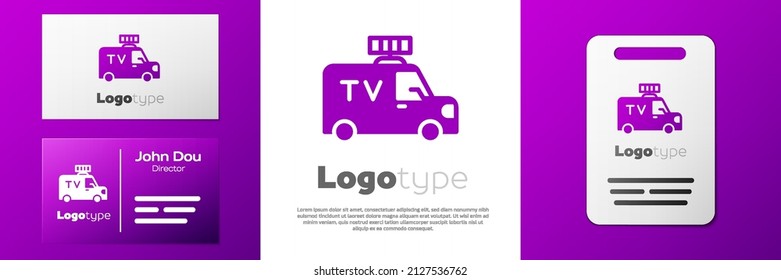 Logotype TV News car with equipment on the roof icon isolated on white background. Logo design template element. Vector
