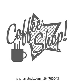 logotype with typing "coffee shop!". On logo drawing star and cup of hot coffee