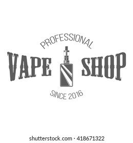 Logotype of vape shop with box mod in center on white background. Electronic cigarette store label in retro style. Monochrome vector illustration for advertising or window signage.