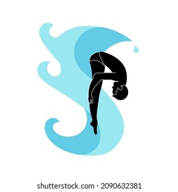 logotype with wave and diver boy silhouette. Platform diving male athlete is jumping. Flat Art Vector illustration.