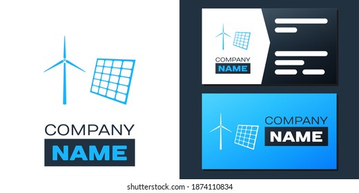 Logotype Wind mill turbines generating electricity and solar panel icon isolated on white background. Energy alternative, concept of renewable energy. Logo design template element. Vector.