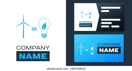 Logotipo Turbina eólica y bombilla con hojas como idea de una fuente de energía ecológica aislada en fondo blanco. Elemento de plantilla de diseño de logotipo. Vector.