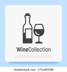 Logotype for wine bar and wine making. Wine glass and bottle. Thin line icon. Modern vector illustration.