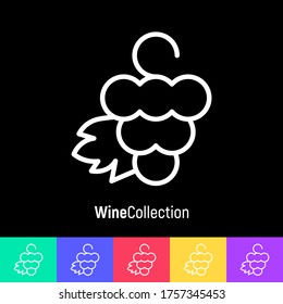 Logotipo para la elaboración de vino y vino. racimo de uvas con hojas. Icono de línea delgada. Ilustración vectorial. 