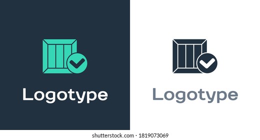 Logotype Wooden box with check mark icon isolated on white background. Parcel box. Approved delivery or successful package receipt. Logo design template element. Vector Illustration