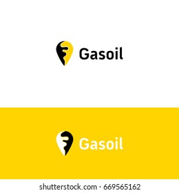 Logotype with wording 'Gasoil'. The shape of reverse drop and drop looks like a pin.