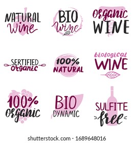 Logotypes or badges of different types of modern trendy wine styles. Natural, biodynamic, organic wine. Emblem beverage winery, branding badge company. Vector illustration