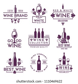 Logotypes or badges of wine brands. Emblem beverage winery, branding badge company. Vector illustration