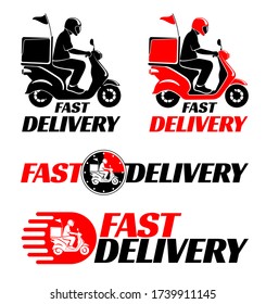 Logotypes design set for fast delivery of food or parcel by scooter. Vector illustration.