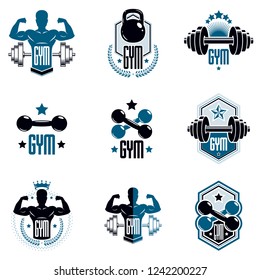Logotypes for heavyweight gym or fitness sport gymnasium, vintage style vector emblems set.