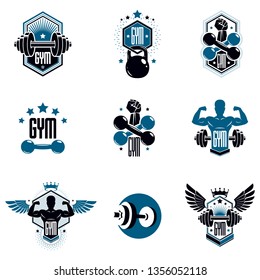 Logotypes for heavyweight gym or fitness sport gymnasium, vintage style vector emblems set.