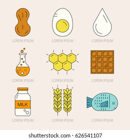 Logotypes and labels with symbols of different allergens. Product intolerance symbols for restaurants, farm markets and menu. Special diet illustration. Vector line style collection.