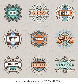 Logotypes Retro Vintage. Outline Insignias. Color Vector Illustration. Texture Background.