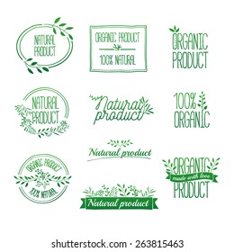 Logotypes set. Badges, labels,ribbons,plants elements,wreaths and laurels green branches.Organic, bio, ecology, eco natural design template. Hand drawing. Vintage vector, green colors