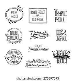 Logotypes set. Badges, labels,ribbons,plants elements,wreaths and laurels branches. Organic, bio, ecology, eco natural design template. Hand drawing. Vintage vector.