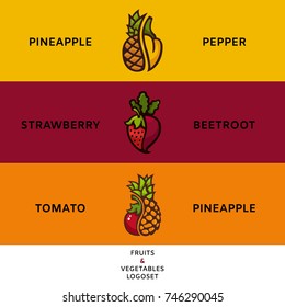 Logotypes set fruits and vegetables for magazines, farm, plant, store, organic, natural. Vector illustration logo
