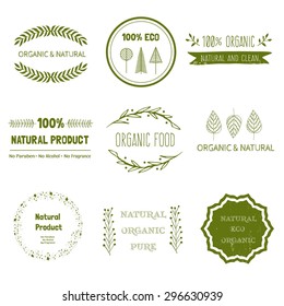Logotypes set. Logo, Badges, labels, ribbons, plants elements,wreaths and laurels green branches. Organic, bio, ecology, eco natural design template. Hand drawn elements. 