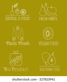 Logotypes set. Logos, Badges, Fruits an Vegetables design elements. Organic, bio, ecology, vegetarian, natural design templates. Hand drawn elements.  Isolated.