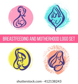 Logotypes set - Mother breastfeeding baby - vector illustration in bright happy colors. Motherhood and breastfeeding logo, symbol, emblem with brush strokes. Parenting concept. Newborn and mother.