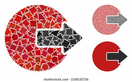 Logout composition of inequal items in different sizes and color hues, based on logout icon. Vector trembly items are composed into collage. Logout icons collage with dotted pattern.