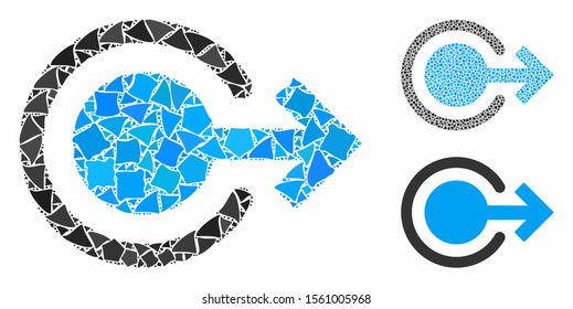 Logout composition of tremulant pieces in various sizes and color tints, based on logout icon. Vector uneven pieces are combined into composition. Logout icons collage with dotted pattern.