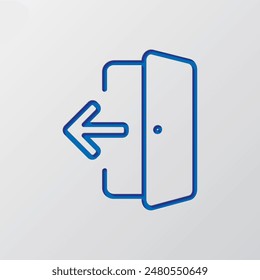 Logout, exit, door simple icon vector. Flat design. Paper cut design. Cutted blue symbol with shadow. Gray background.ai