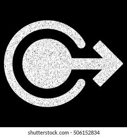 Logout grainy textured icon for overlay watermark stamps. Flat symbol with scratched texture. Dotted vector white ink rubber seal stamp with grunge design on a black background.