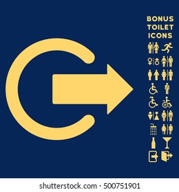Logout icon and bonus gentleman and lady restroom symbols. Vector illustration style is flat iconic symbols, yellow color, blue background.