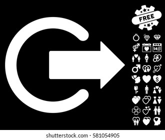 Logout icon with bonus love design elements. Vector illustration style is flat iconic white symbols on black background.